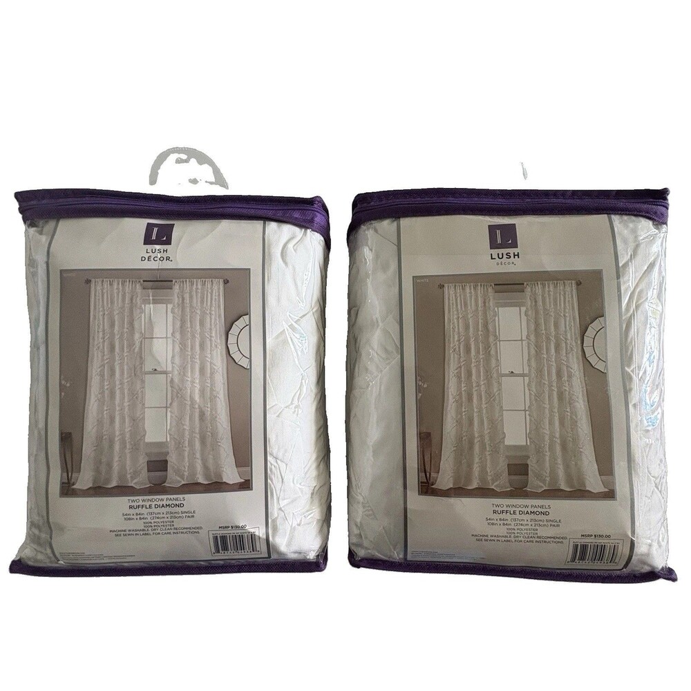 Lush Decor Ruffle Diamond Curtains White 54x84 Set of 4 Panels Cottage Ruffle